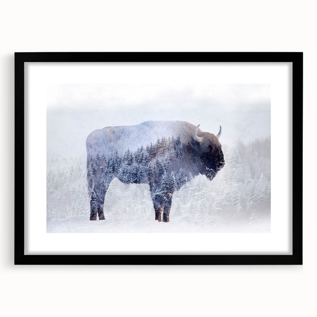 Black-framed wall art showcasing a stunning buffalo design in a wild landscape, perfect for wildlife enthusiasts and home decor, enhancing any interior space.