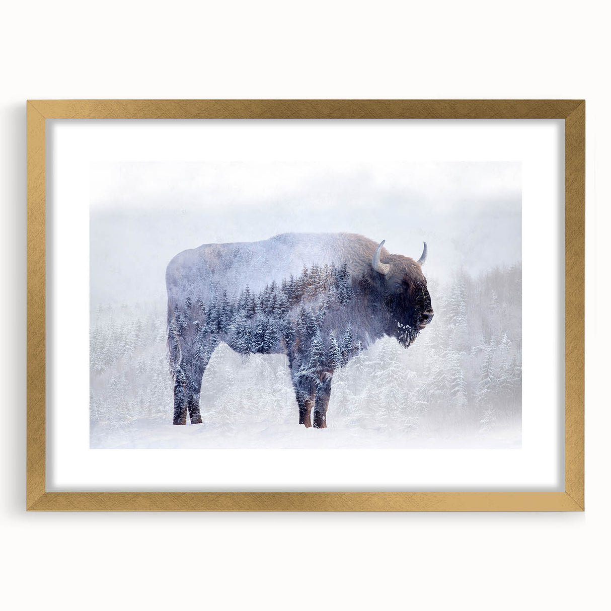 Buffalo wall art featuring a striking bison design, framed in gold with a mat, perfect for enhancing rustic or wildlife-themed decor. This elegant piece showcases intricate details and rich colors, ideal for nature lovers seeking to elevate their interior spaces.