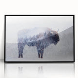 Framed acrylic wall art featuring a striking black buffalo design from the "Animals A Wild Life" collection, ideal for modern home decor.