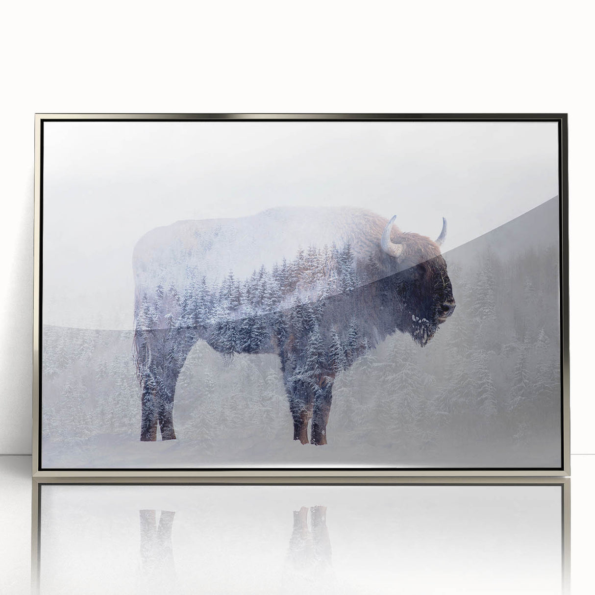 Framed wall art of a majestic buffalo, showcasing intricate design details with a silver frame, perfect for adding a touch of wildlife elegance to home decor.