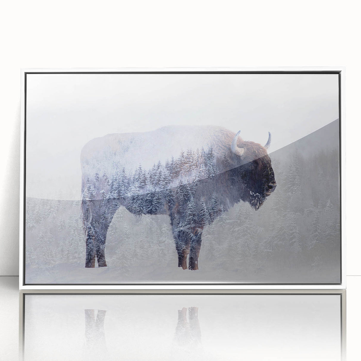 Framed wall art featuring a striking buffalo design in a contemporary style, displayed in a sleek white frame with acrylic front, perfect for animal lovers and modern decor.