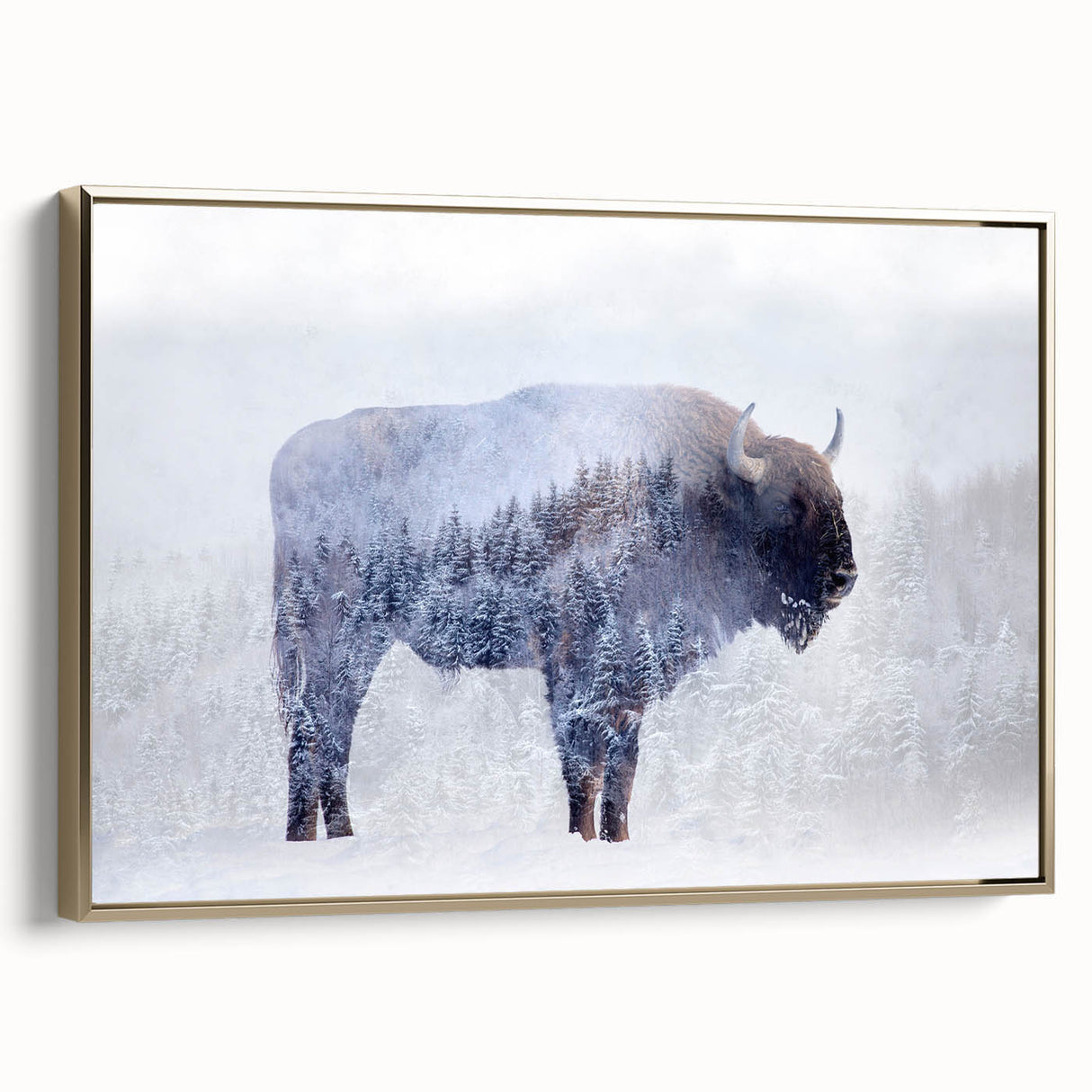 Framed canvas wall art showcasing a side view of a majestic buffalo, designed in a stylish bison motif with gold accents, perfect for wildlife decor enthusiasts.