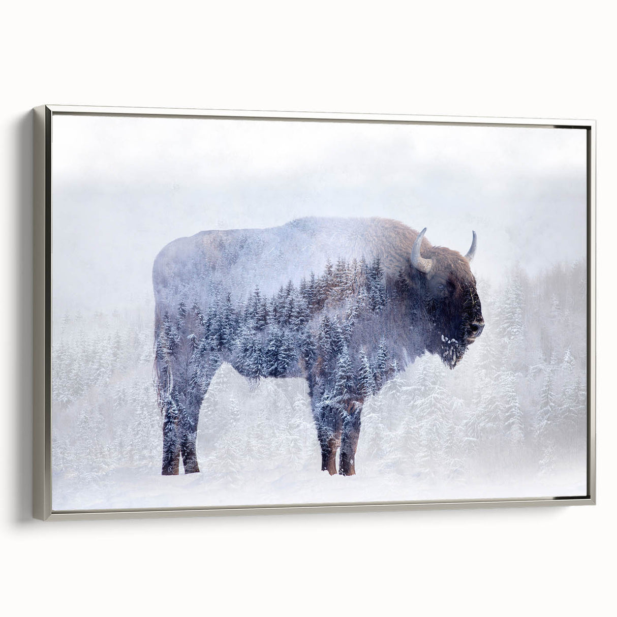 Framed canvas wall art featuring a silver-bordered side view of a majestic bison, showcasing rich details and textures, perfect for wildlife enthusiasts' decor.