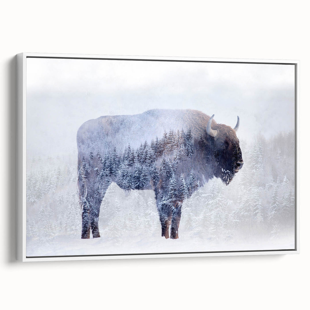 Framed canvas wall art showcasing a side view of a majestic buffalo, featuring rich textures and earthy colors, perfect for wildlife enthusiasts and home decor.