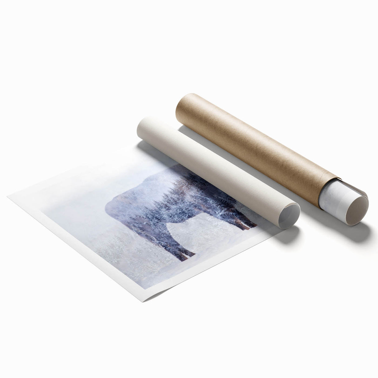 Vibrant rolled print depicting a majestic buffalo in a wild landscape, showcasing intricate design details ideal for home decor or wildlife art enthusiasts.