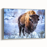 Framed canvas wall art showcasing a majestic bison in a natural setting, featuring intricate details and a silver frame, perfect for wildlife enthusiasts and home decor.