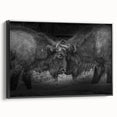 Framed canvas wall art showcasing a side view of a majestic buffalo in a natural setting, designed with intricate details that highlight the animal's powerful presence. The artwork features a black frame, enhancing the visual appeal, ideal for wildlife enthusiasts and home decor.