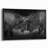 Framed canvas wall art showcasing a side view of a majestic buffalo in a natural setting, designed with intricate details that highlight the animal's powerful presence. The artwork features a black frame, enhancing the visual appeal, ideal for wildlife enthusiasts and home decor.
