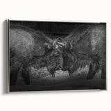 Framed canvas wall art showcasing a majestic side view of a buffalo, designed by Bisson, featuring a silver frame that enhances its wildlife theme.