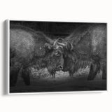 Framed canvas wall art depicting a side view of a majestic buffalo in a natural setting, showcasing intricate details and earthy colors, perfect for wildlife enthusiasts.