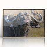 Framed wall art featuring a majestic buffalo in a bold bison design, set against a sleek gold background, perfect for wildlife enthusiasts and home decor.