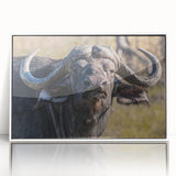 Framed wall art showcasing a striking design of a buffalo, featuring bold colors and intricate details, perfect for enhancing any modern decor style.