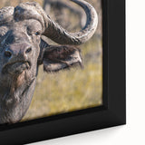 Close-up of a framed canvas wall art featuring a majestic buffalo in its natural habitat, showcasing intricate details and rich colors in a wildlife-themed decor piece. Perfect for nature enthusiasts, this stunning artwork enhances any living space with its vibrant portrayal of animal life.