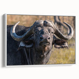 Framed canvas wall art featuring a side view of a majestic buffalo, showcasing intricate detailing and vibrant colors, perfect for wildlife enthusiasts and home decor.