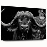 Side view of a stunning acrylic glass wall art piece featuring a detailed buffalo design, highlighting rich textures and vibrant colors, perfect for wildlife enthusiasts.