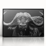 Framed wall art featuring a striking black buffalo design on acrylic, showcasing intricate details and a modern aesthetic, perfect for wildlife enthusiasts.