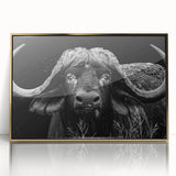 Framed wall art showcasing a striking gold-accented bison design, emphasizing wildlife themes with intricate details and a captivating front view, perfect for home decor.