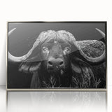 Framed acrylic wall art featuring a majestic buffalo design with intricate details, set against a sleek silver background, perfect for wildlife enthusiasts.
