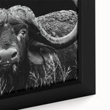 Close-up of a framed canvas wall art featuring a majestic buffalo in a natural landscape, showcasing intricate details and vibrant colors, perfect for wildlife enthusiasts.