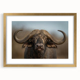Buffalo wall art print featuring a striking bison design, framed with a gold mat, showcasing detailed textures and vibrant colors, ideal for nature enthusiasts.
