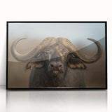 Framed wall art featuring a striking black and white buffalo design, showcasing intricate details and textures, perfect for wildlife-themed home decor.