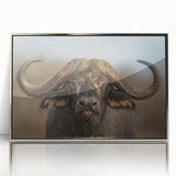 Framed wall art featuring a detailed silver-accented acrylic design of a buffalo, showcasing its majestic profile against a minimalist background, perfect for wildlife enthusiasts.
