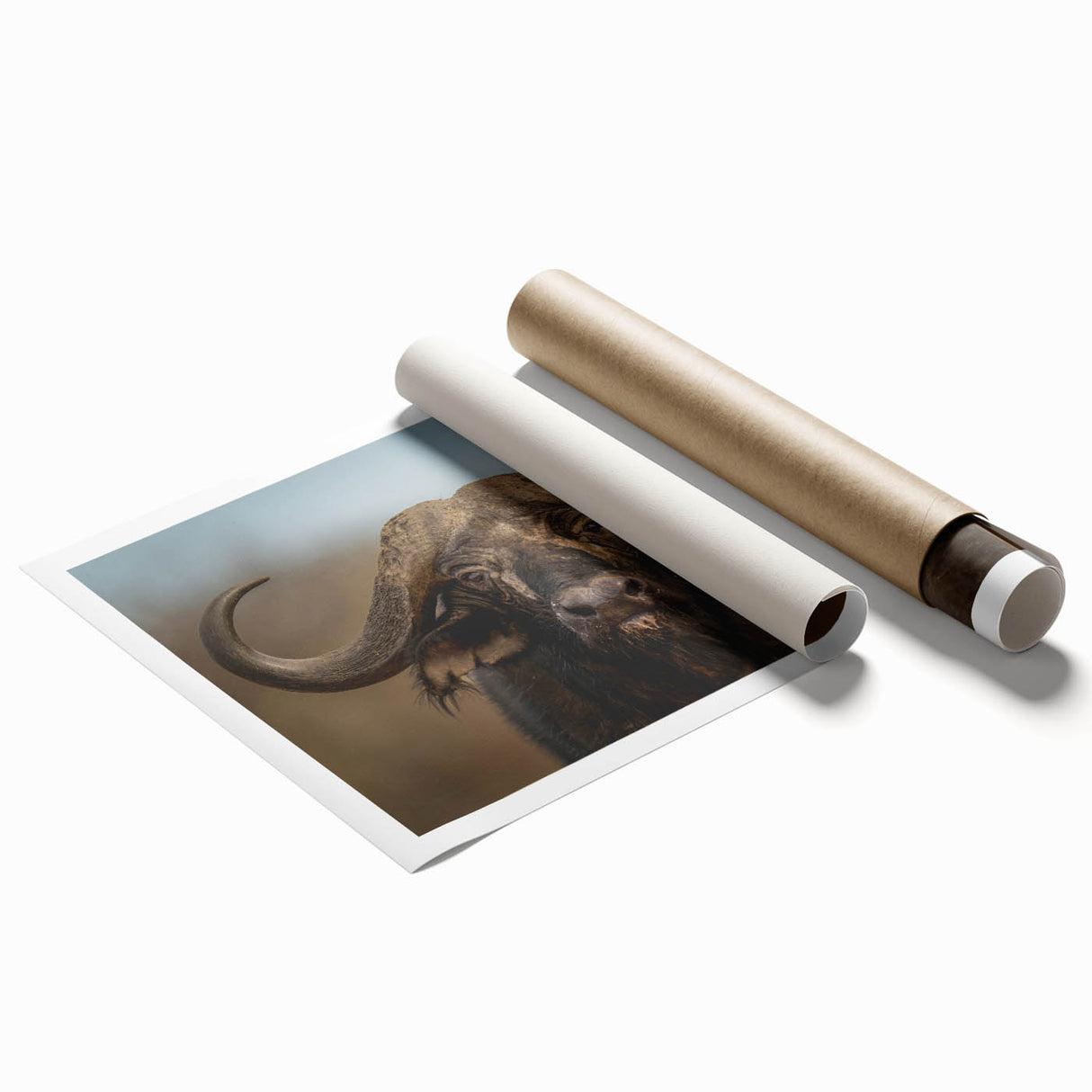 Buffalo wall art print showcasing a detailed bison illustration with earthy tones, perfect for enhancing home decor and wildlife-themed spaces. This rolled canvas art features vibrant colors and intricate designs, ideal for animal lovers and interior design enthusiasts.