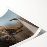 Vibrant rolled print of a bison in a wild landscape, showcasing intricate details and rich colors, perfect for wildlife-themed decor or nature enthusiasts.