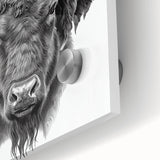Close-up of a striking acrylic glass wall art piece featuring a majestic buffalo in a natural setting, ideal for wildlife enthusiasts and home decor. The vivid colors and intricate details capture the essence of nature, making it a perfect addition to any art collection.