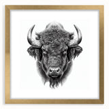 Buffalo wall art print in a gold frame featuring a striking bison design. The piece showcases a blend of realism and artistic flair, perfect for wildlife enthusiasts.
