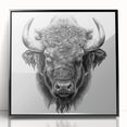 Framed wall art showcasing a striking black buffalo design, featuring intricate details and a modern aesthetic, perfect for enhancing home decor or office spaces.