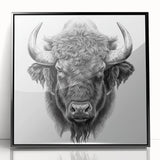Framed wall art showcasing a striking black buffalo design, featuring intricate details and a modern aesthetic, perfect for enhancing home decor or office spaces.