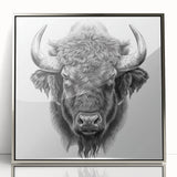 Framed acrylic wall art showcasing a striking design of a buffalo, highlighted with silver accents, perfect for animal lovers and modern decor enthusiasts.