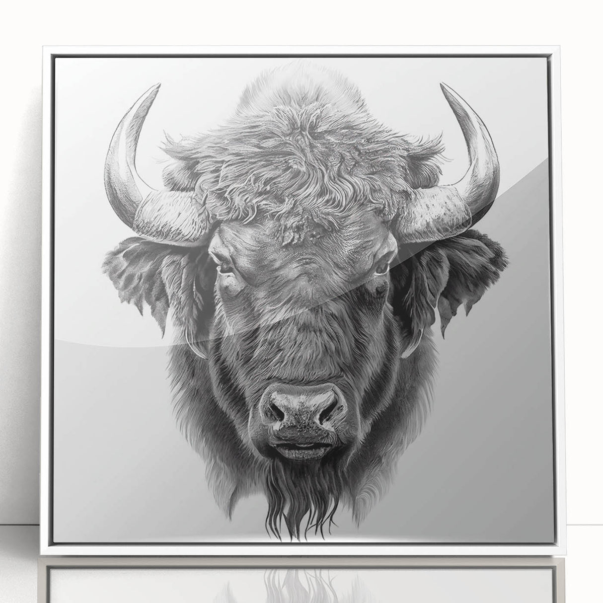 Framed wall art featuring a striking buffalo design in a bold black and white aesthetic, perfect for adding a touch of wildlife decor to any modern space.