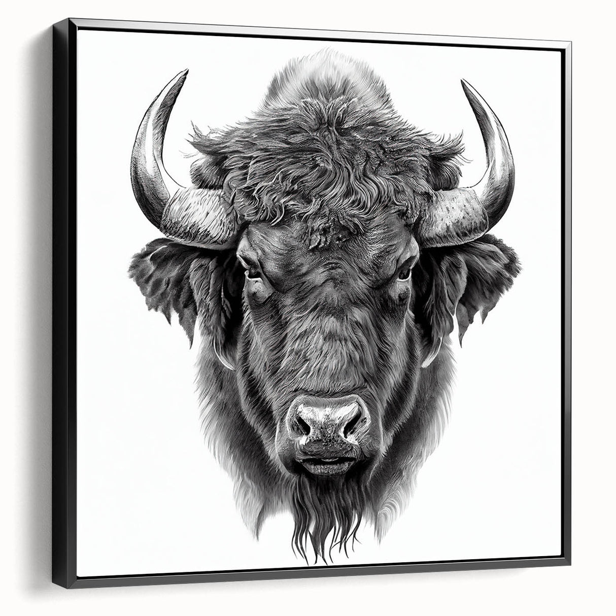 Framed wall art depicting a side view of a majestic buffalo, showcasing intricate details in the black and white design, perfect for wildlife enthusiasts and home decor.
