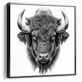 Framed wall art depicting a side view of a majestic buffalo, showcasing intricate details in the black and white design, perfect for wildlife enthusiasts and home decor.