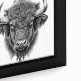 Close-up of a framed canvas wall art piece featuring a majestic buffalo, showcasing intricate details and vibrant colors, ideal for wildlife enthusiasts and home decor.