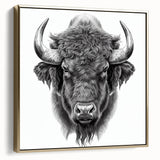 Framed canvas wall art showcasing a majestic side view of a buffalo, featuring intricate design elements in gold tones, perfect for enhancing any wildlife-themed decor.