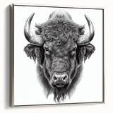 Framed canvas wall art depicting a majestic buffalo in a vibrant, nature-inspired design. The artwork features detailed textures and a silver frame, perfect for enhancing any interior decor with a touch of wildlife elegance.