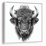 Framed canvas wall art featuring a side view of a majestic buffalo, set against a white background, showcasing intricate design details and vibrant colors for animal lovers and home decor enthusiasts.