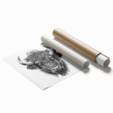 Buffalo wall art print showcasing a detailed illustration of a bison in a wild landscape, perfect for adding a rustic touch to home decor. Ideal for nature enthusiasts.