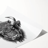 Buffalo wall art print showcasing a majestic bison in a natural setting, featuring rich earthy tones and textured details, ideal for wildlife enthusiasts and home decor.