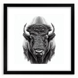 Black-framed wall art featuring a stunning design of a buffalo, part of the A Bisson collection, showcasing wildlife in vibrant colors with a mat for an elegant display. Ideal for nature enthusiasts and home decor.