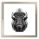Framed wall art featuring a striking silver mat showcasing a detailed design of a buffalo, ideal for wildlife enthusiasts and home decor. The artwork captures the majestic essence of the buffalo, making it a perfect addition to nature-themed interiors.