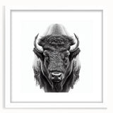 Buffalo wall art print featuring a striking bison design, framed with a white mat, perfect for enhancing wildlife-themed decor in living spaces. Ideal for animal lovers and nature enthusiasts, this artwork adds a touch of wilderness to any room.