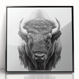 Framed acrylic wall art featuring a striking black and white buffalo design, showcasing intricate details and textures, perfect for wildlife enthusiasts and modern decor.