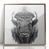 Framed wall art featuring a majestic buffalo design in a gold-acrylic finish, showcasing intricate details and vibrant colors, perfect for wildlife enthusiasts.