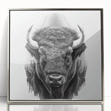 Framed wall art depicting a majestic buffalo in a natural setting, featuring a sleek silver frame that enhances the wildlife design, ideal for modern decor.