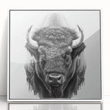 Framed wall art featuring a majestic buffalo in a natural setting, showcasing vibrant colors and intricate details, perfect for wildlife enthusiasts and home decor.