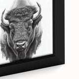 Close-up of a framed canvas wall art piece depicting a majestic buffalo in a natural setting, showcasing rich colors and intricate details, perfect for wildlife enthusiasts.